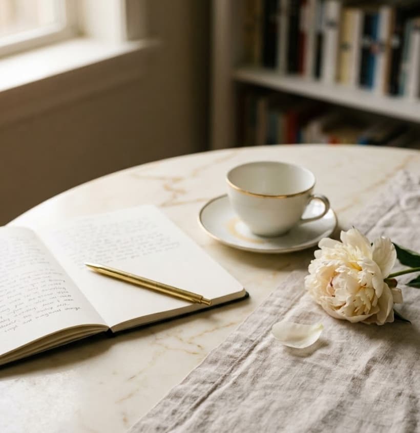 a journal, gold pen, teacup and peony on a sunlit table